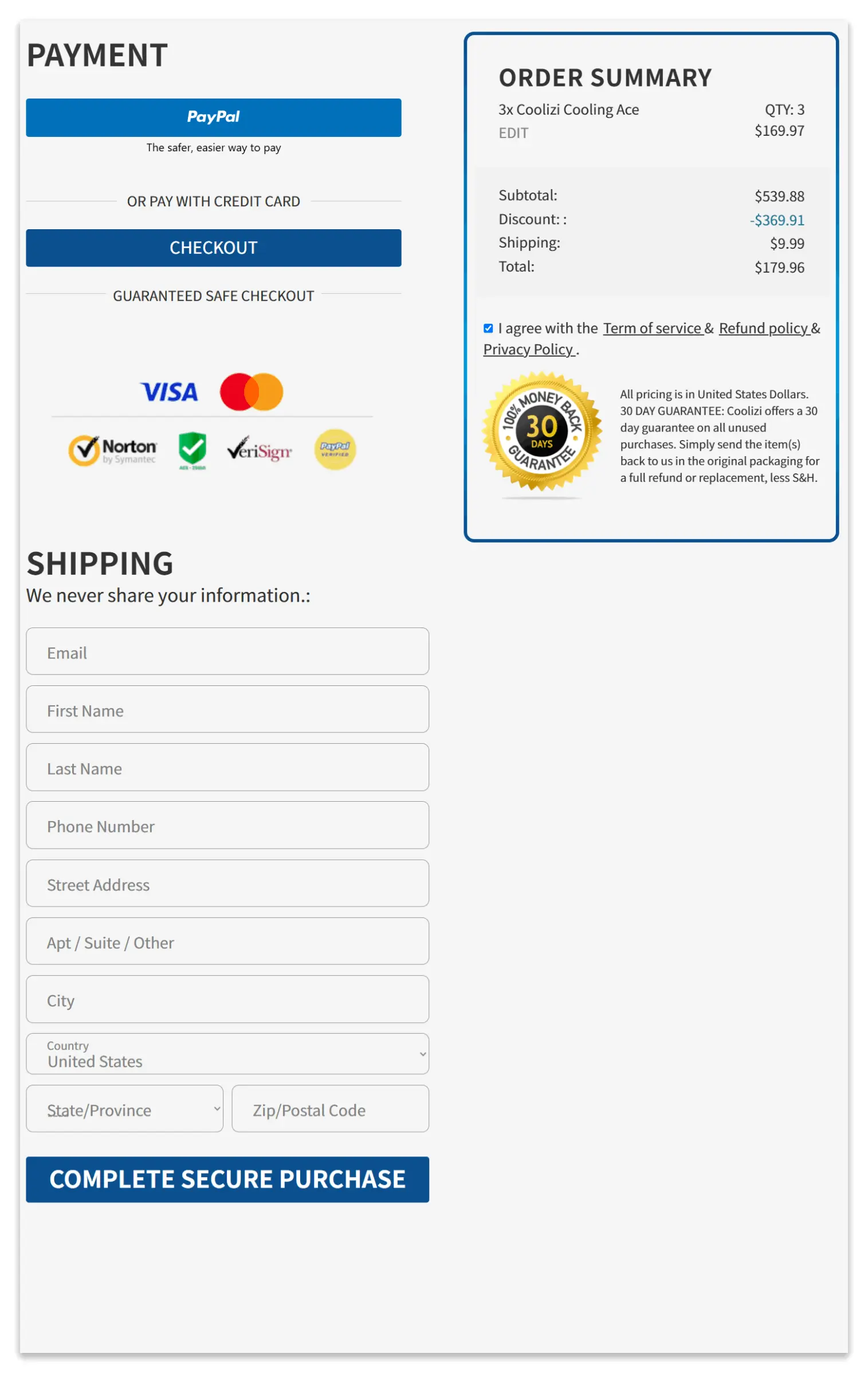 ChillReleaf Cooling Ace secure checkout page